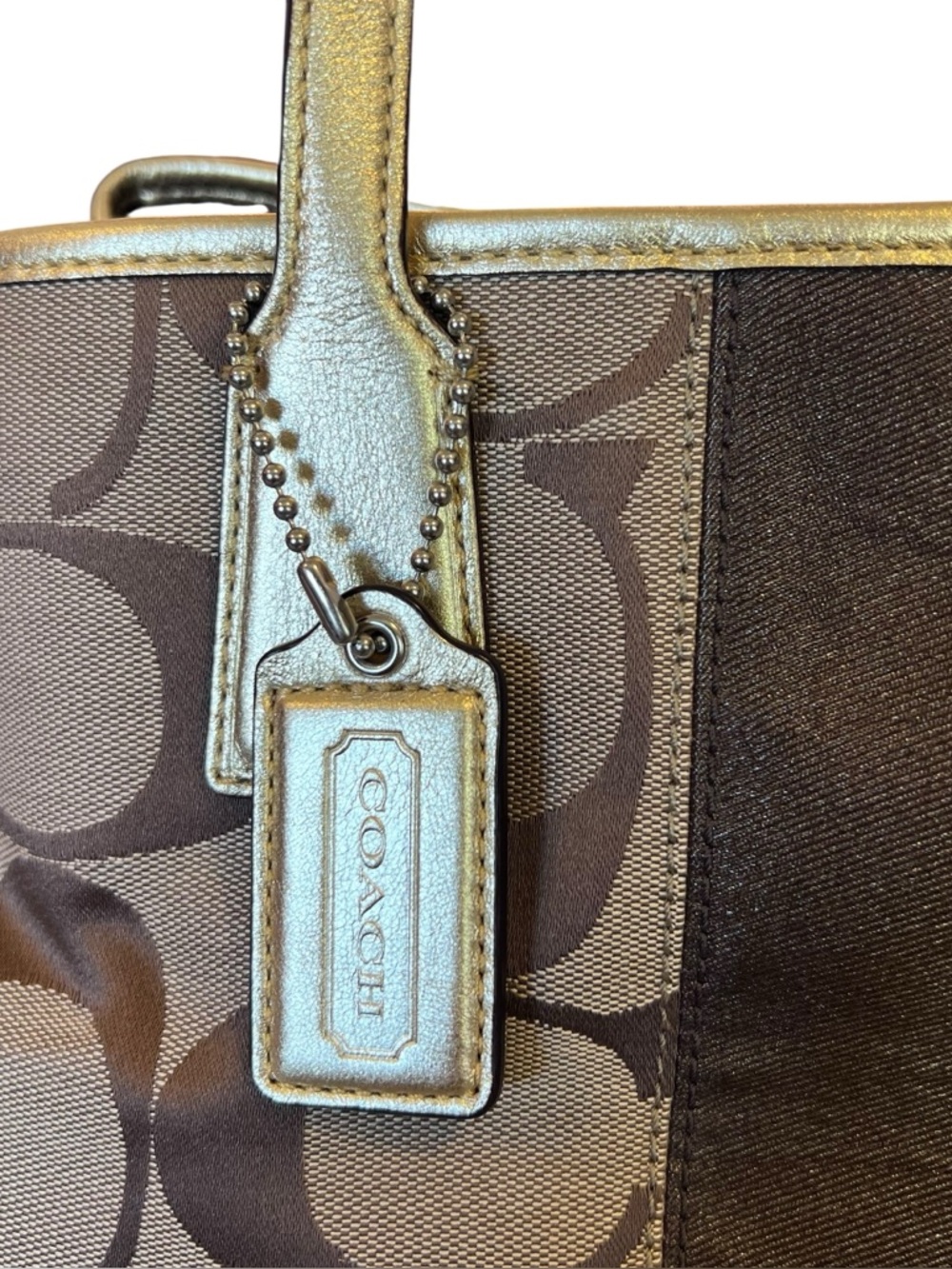 Coach Khaki Gold Y2K Vintage Kisslock Signature Stripe Framed Carryall Tote Bag - Picture 3 of 15